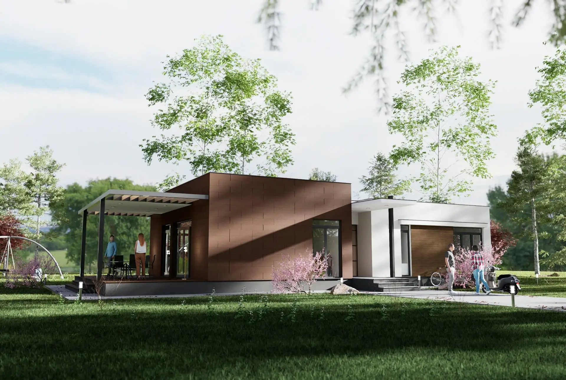 Single-storey courtyard house with a deep roof, timber screens and a garden at the entrance