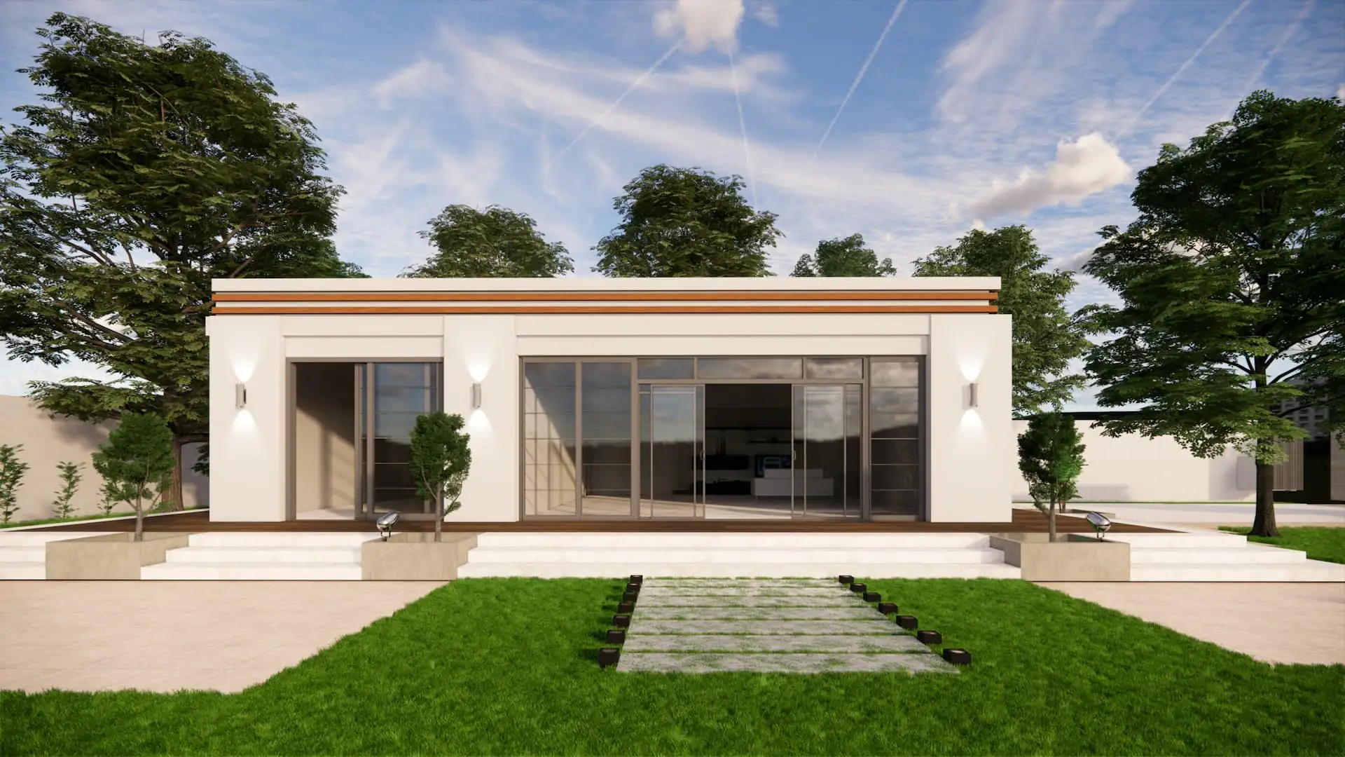 Modern single-storey house with a low pitched roof, white walls and a covered car porch