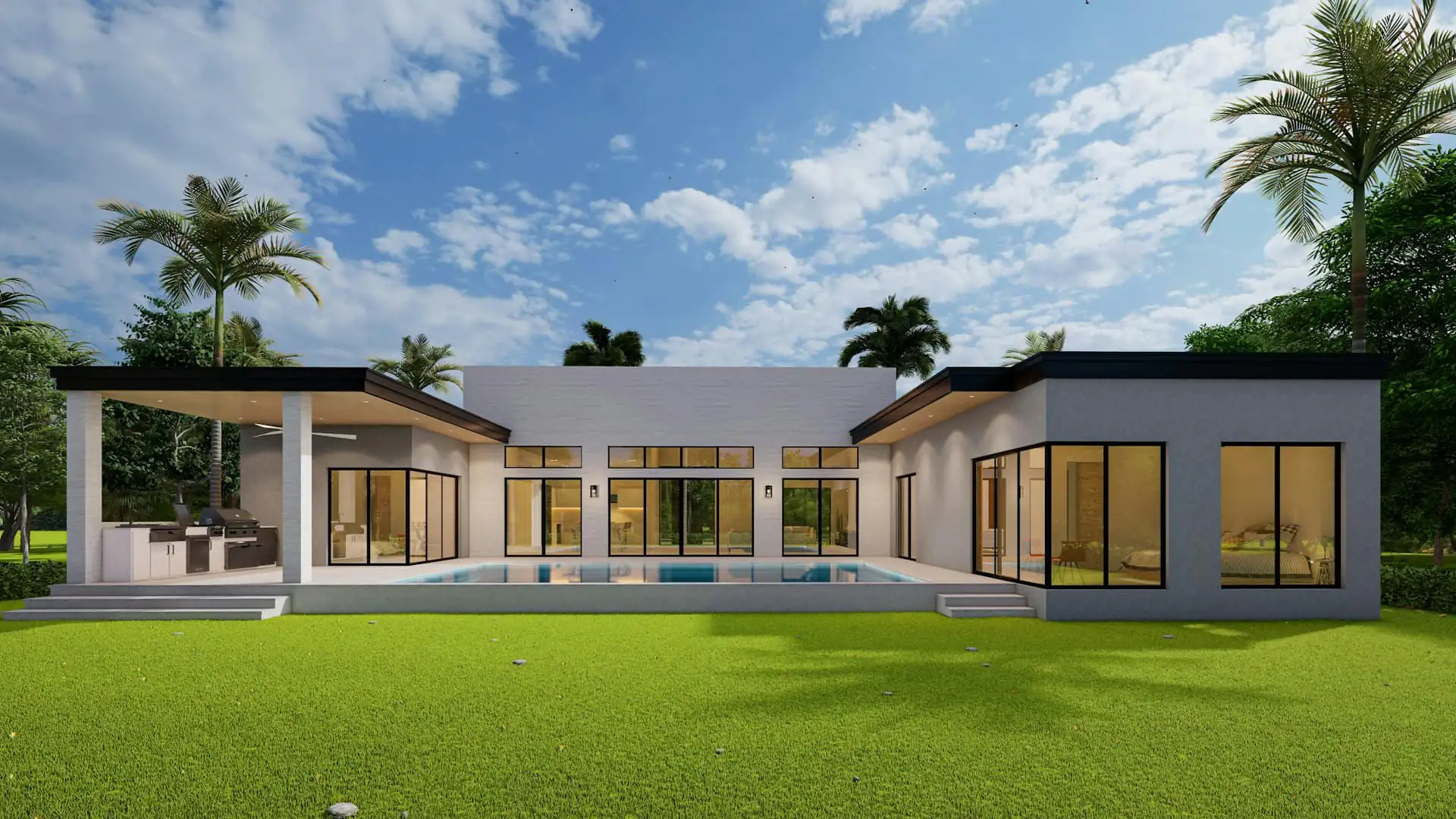 Finished single-storey house with a wide car porch and a low pitched roof on a flat lot
