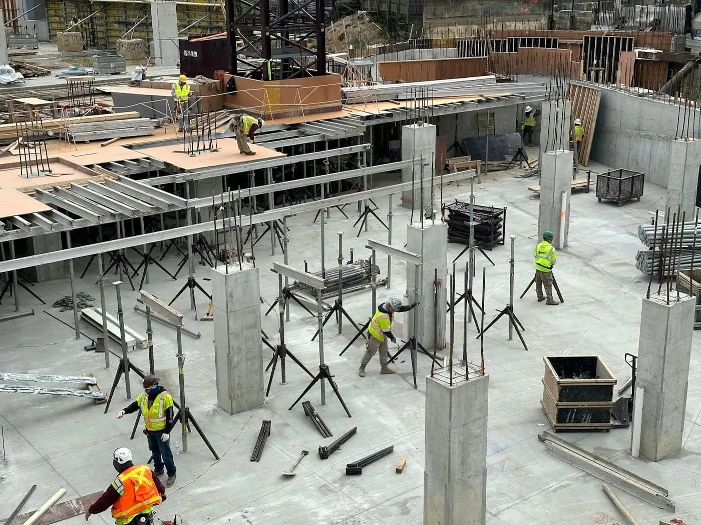 Reinforced concrete columns and first-floor slab formwork of a two-storey house
